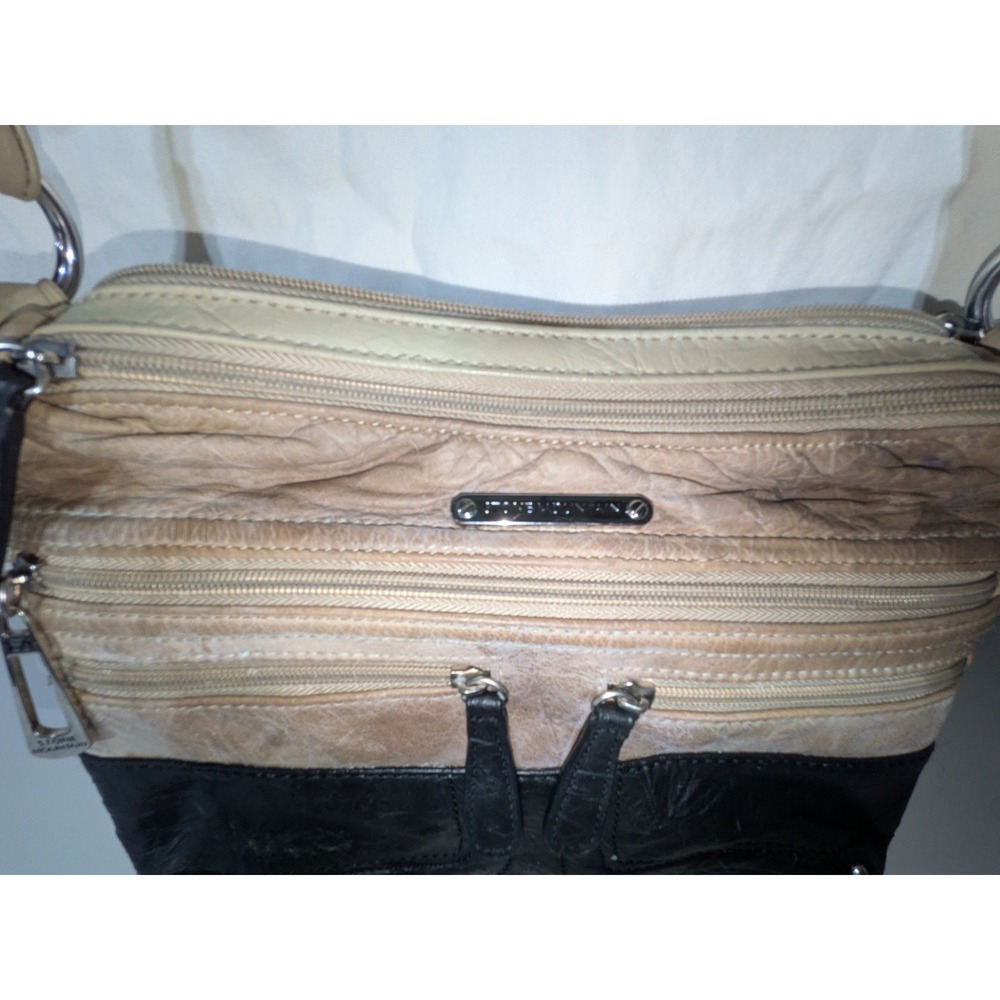 Stone Mountain Colorblock Shoulder Bag Black/Beige Zip Pockets Silver Hardware - Picture 2 of 16